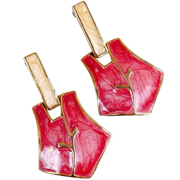 VTG 1980s Marbled Pink Enamel Geometric Statement Earrings Gold Tone Hinged - Picture 1 of 10